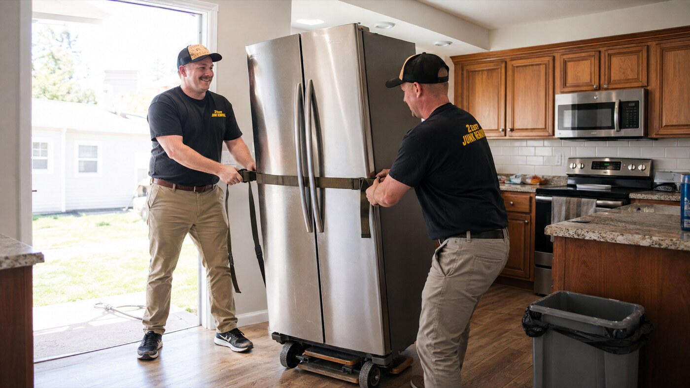 2 Easy Junk Removal crew moving a refrigerator out of a kitchen on a dolly