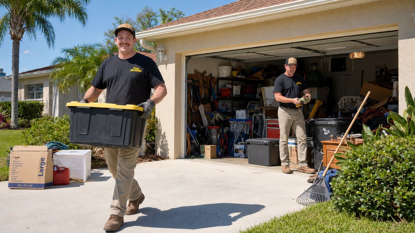 2 Easy Junk Removal crew carrying storage bins and boxes out of a packed garage